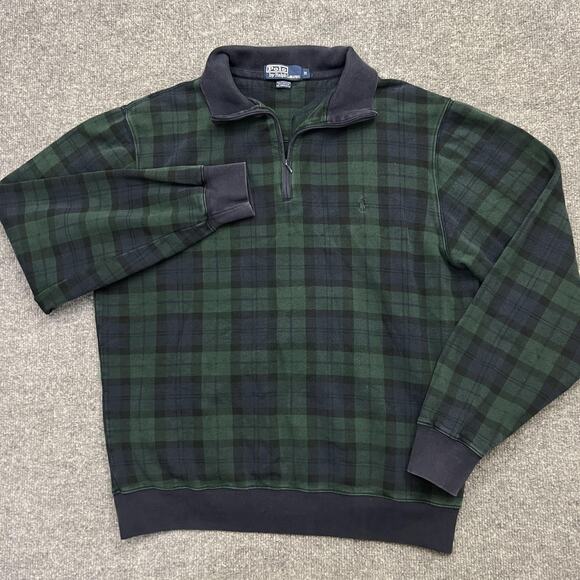 Polo Ralph Lauren Pullover Mens Medium Green Black Watch Plaid Fleece 1/4 Zip - Picture 2 of 8